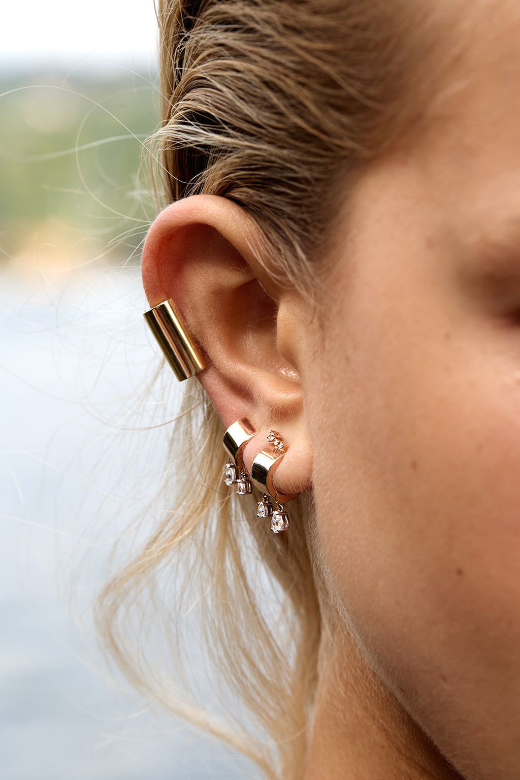 Small Tube Drops gold earring