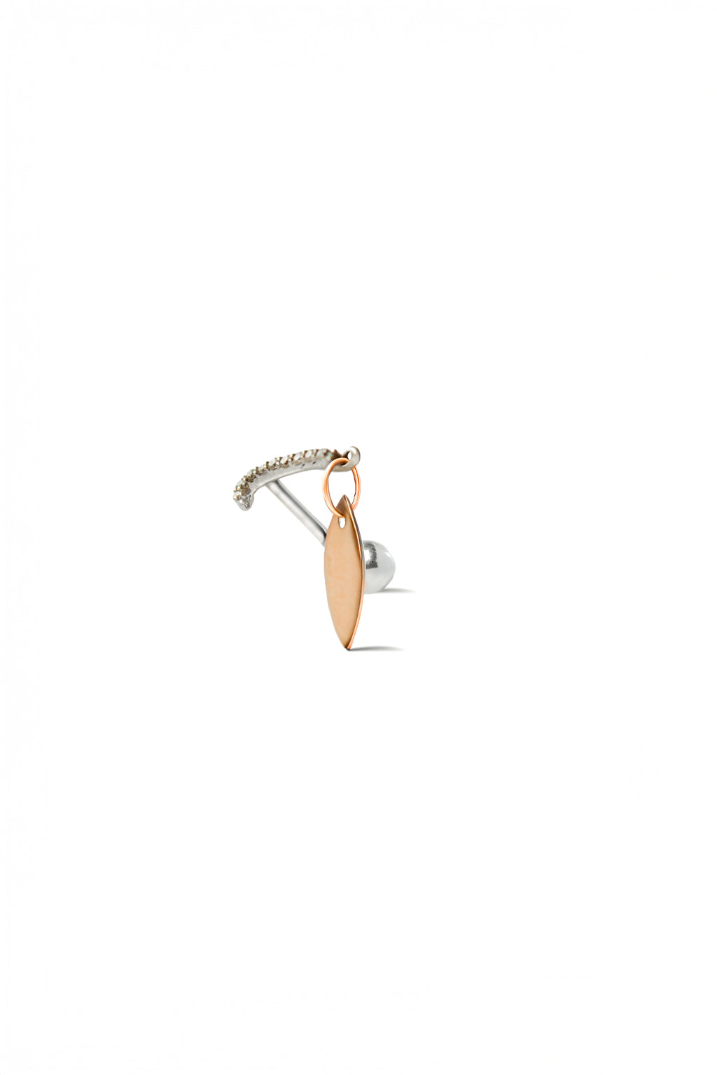 Little feather earring in rose and white gold with diamonds, front view