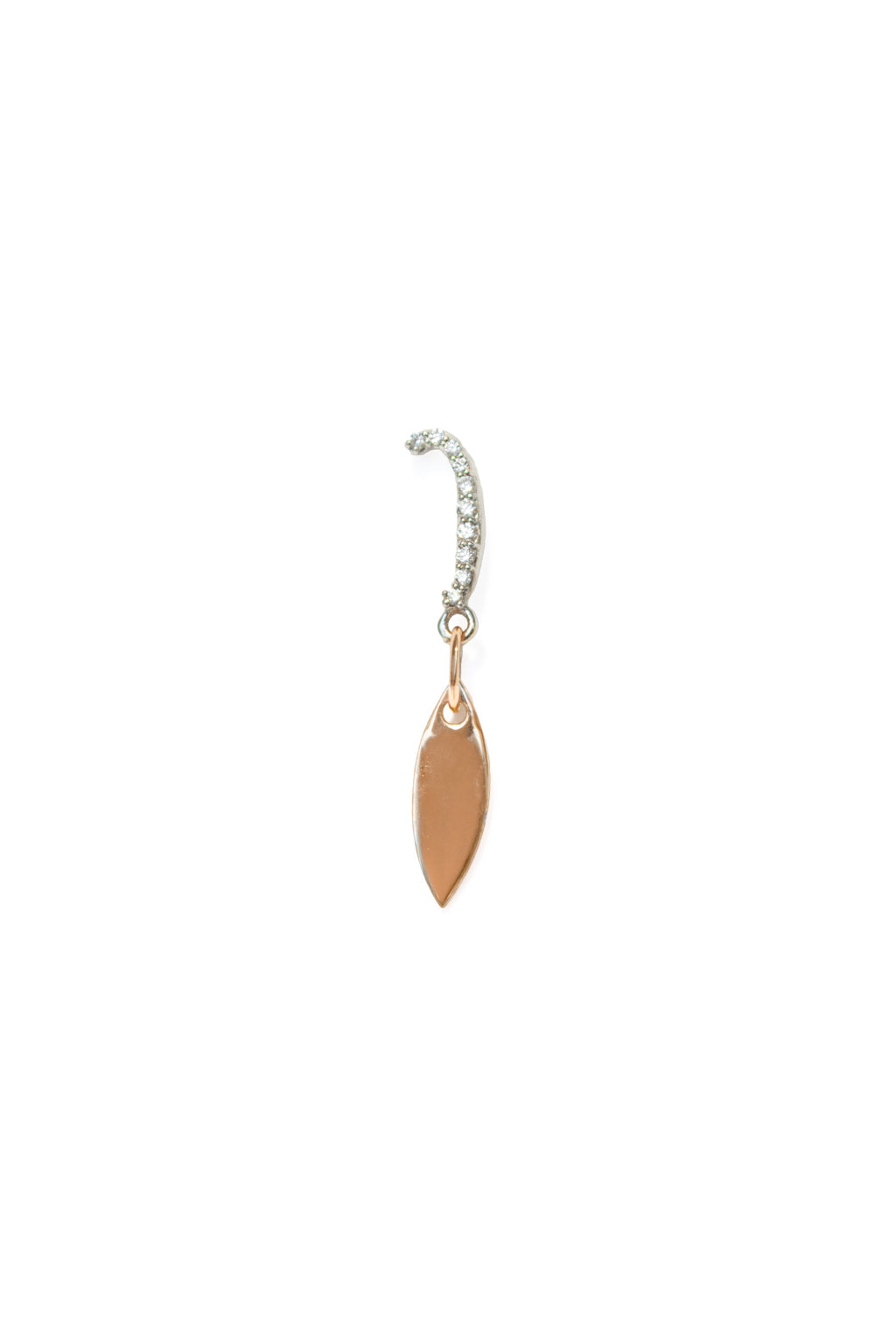 Little feather earring in rose and white gold with diamonds, front view
