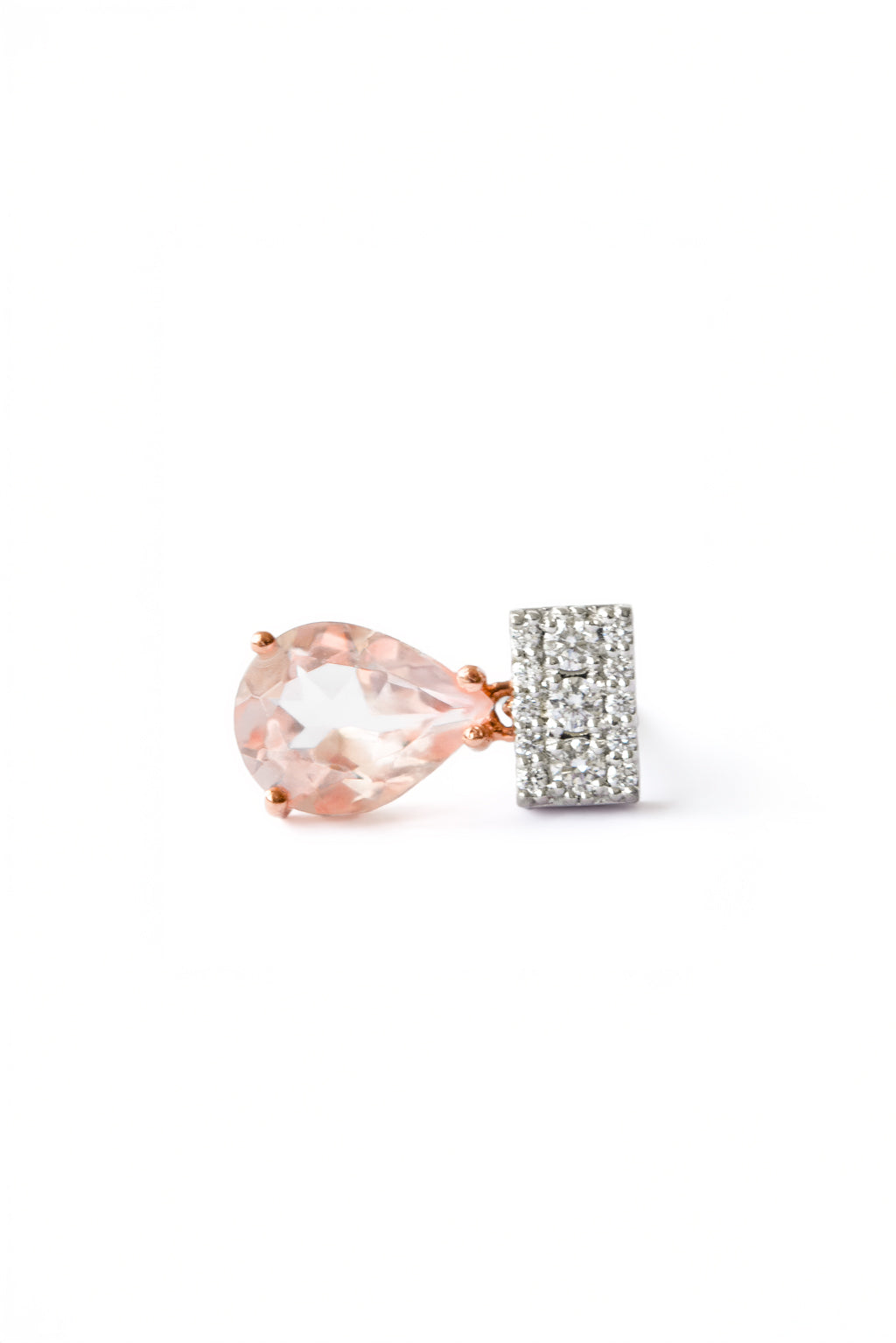 Pink Morganite Drop Earring in 18k white gold with diamonds and morganite 8×6 mm, designed by Sansoeurs.