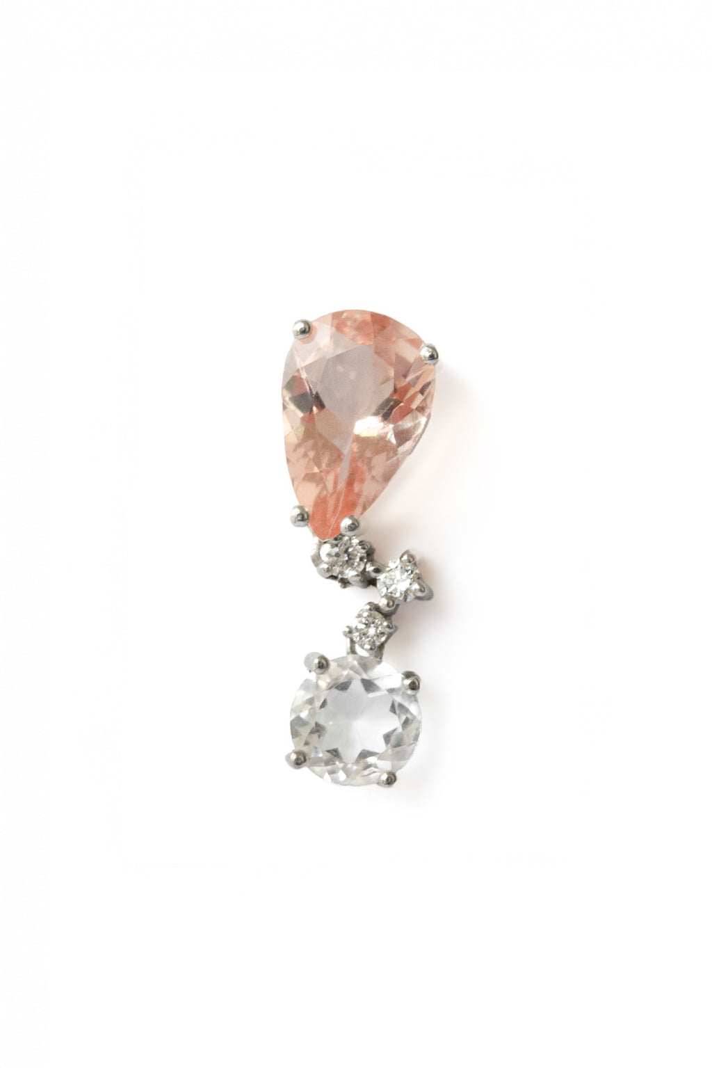 Pink Morganite Two Drops Earring in 18k white gold with diamonds, 5 mm topaz and 9×6 mm morganite, designed by Sansoeurs.