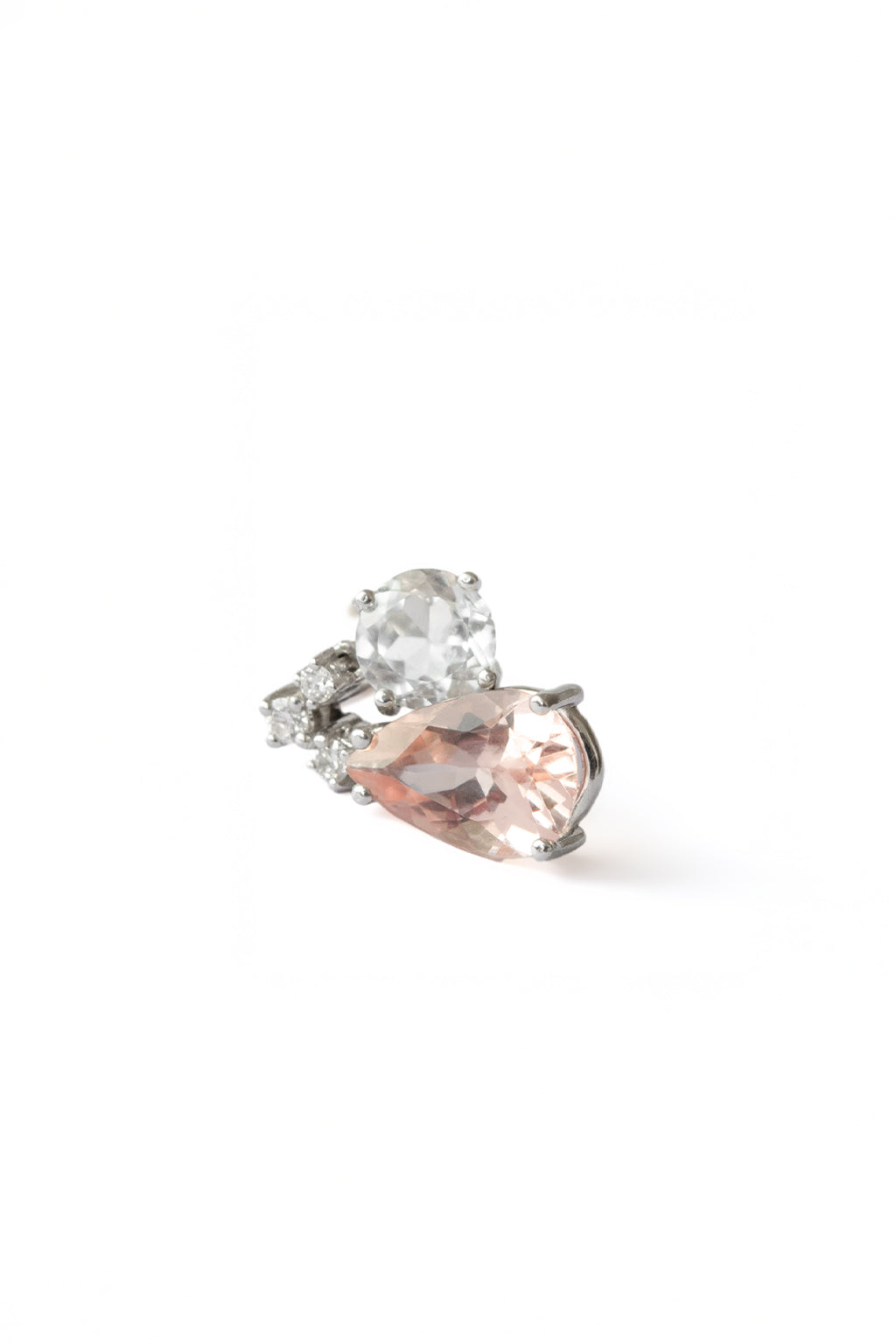 Pink Morganite Two Drops Earring in 18k white gold with diamonds, 5 mm topaz and 9×6 mm morganite, designed by Sansoeurs.