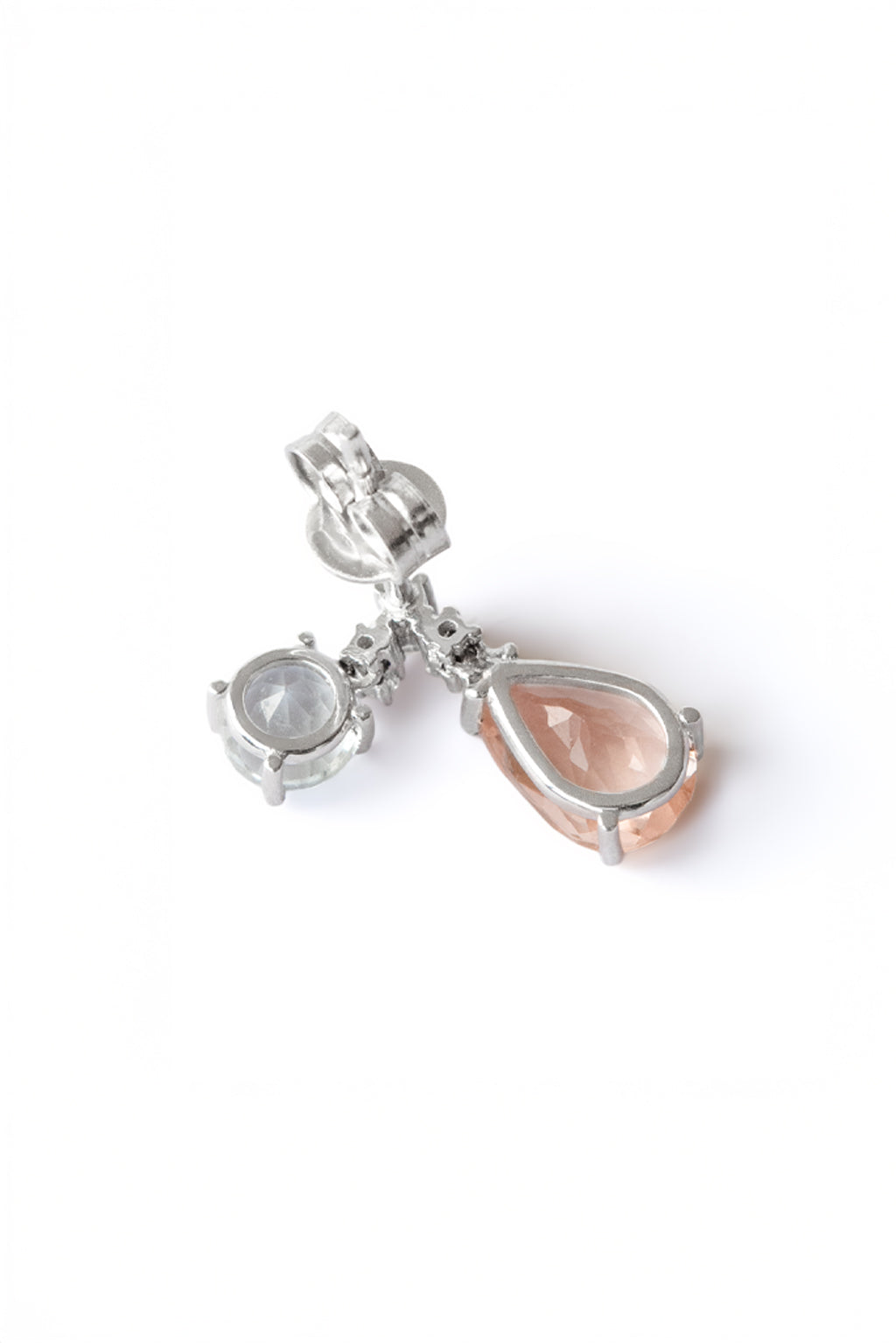 Pink Morganite Two Drops Earring in 18k white gold with diamonds, 5 mm topaz and 9×6 mm morganite, designed by Sansoeurs.