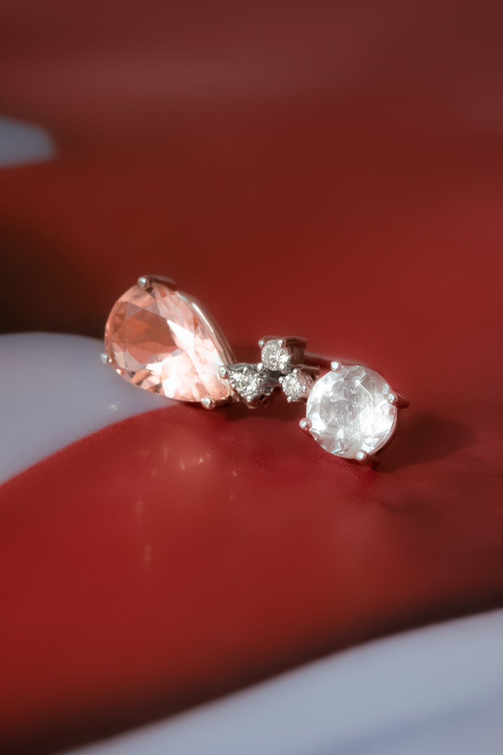 Pink Morganite Two Drops Earring in 18k white gold with diamonds, 5 mm topaz and 9×6 mm morganite, designed by Sansoeurs.