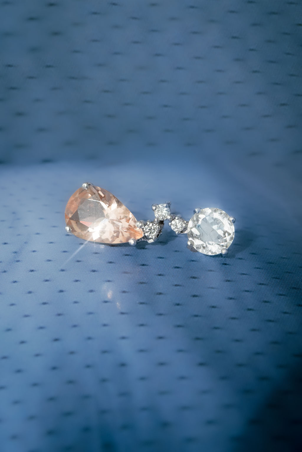 Pink Morganite Two Drops Earring in 18k white gold with diamonds, 5 mm topaz and 9×6 mm morganite, designed by Sansoeurs.