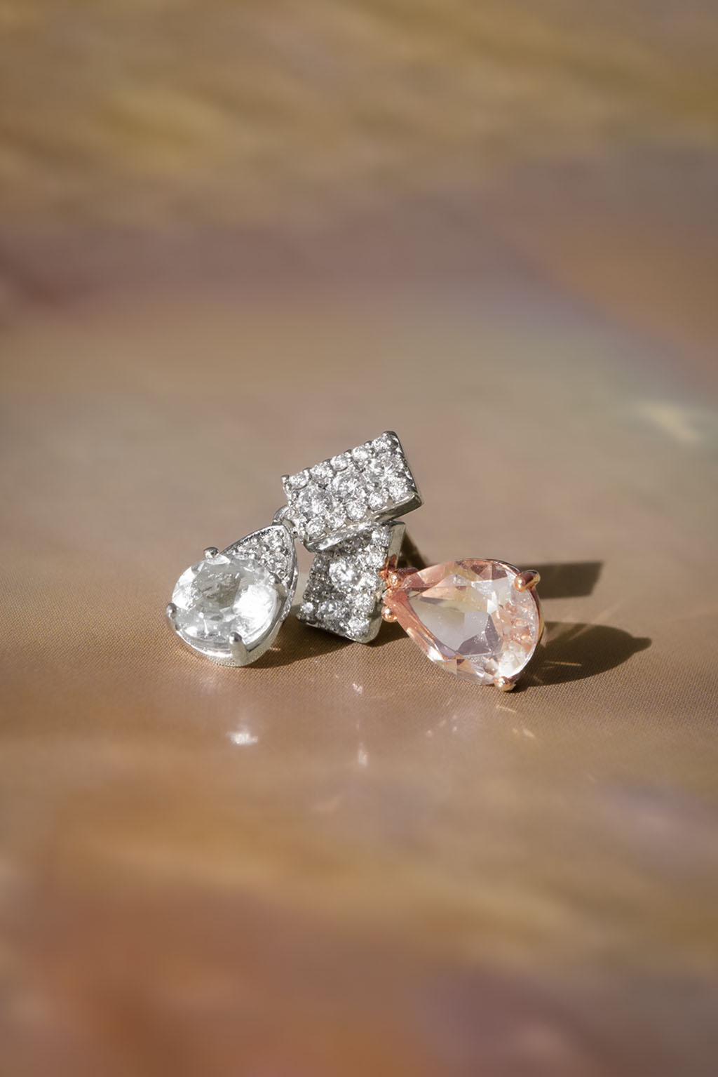 Wife Topaz and Wife Morganite Earrings in 18k white gold with diamonds, featuring a 5 mm topaz, designed by Sansoeurs.