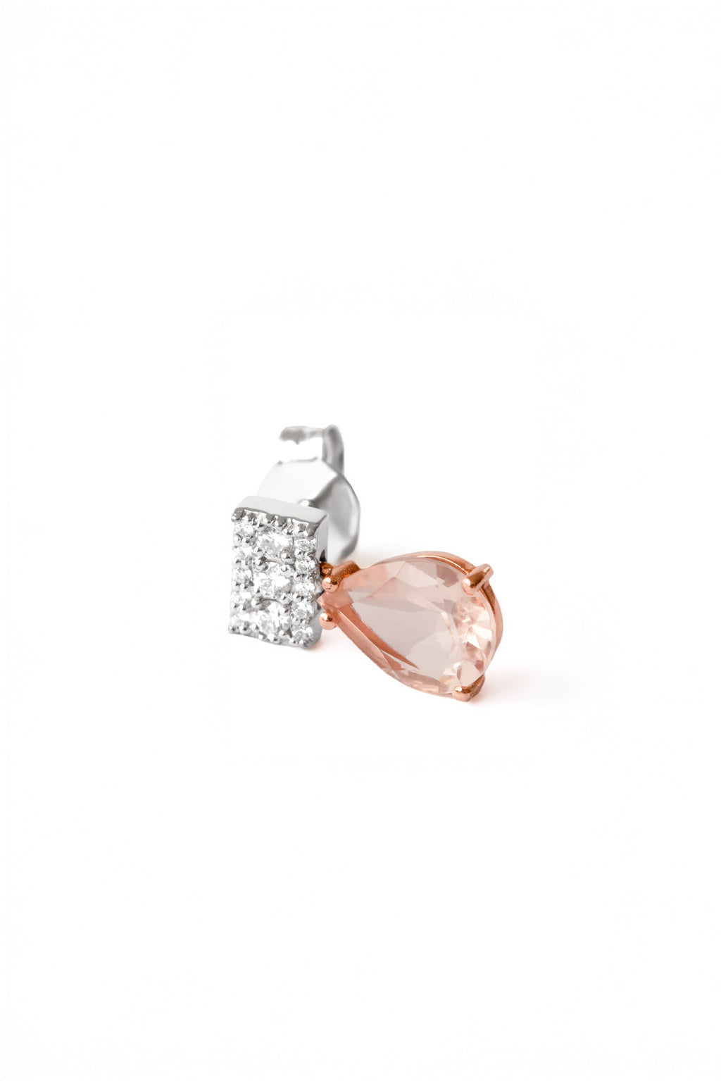 Wife Morganite Earring in 18k white gold with diamonds and morganite 8×6 mm, designed by Sansoeurs.