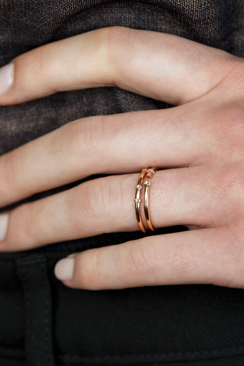 Open 2 diamonds gold wedding band