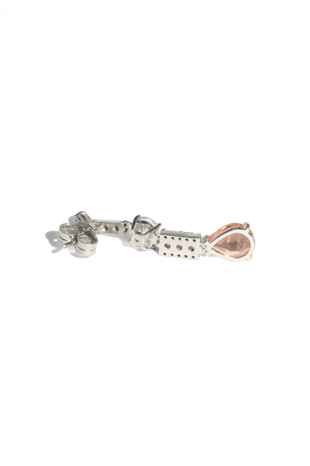 Long Wife Morganite Gold Earring in 18k white gold with diamonds, topaz and morganite, designed by Sansoeurs.
