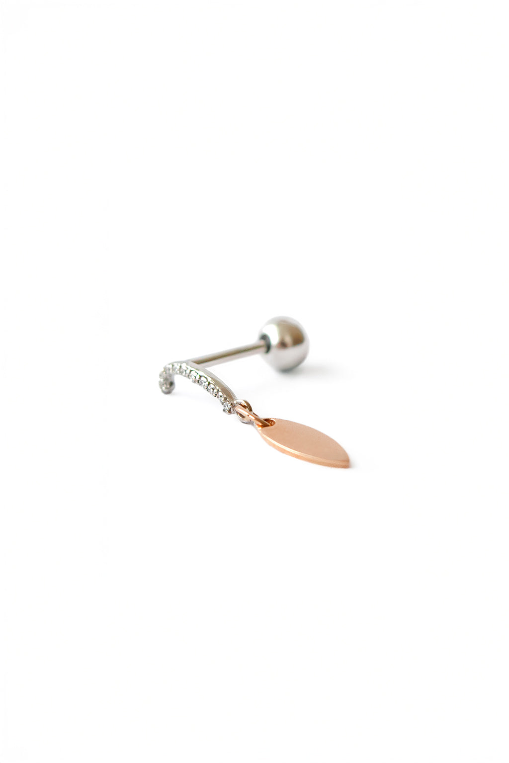 Little feather earring in rose and white gold with diamonds, front view