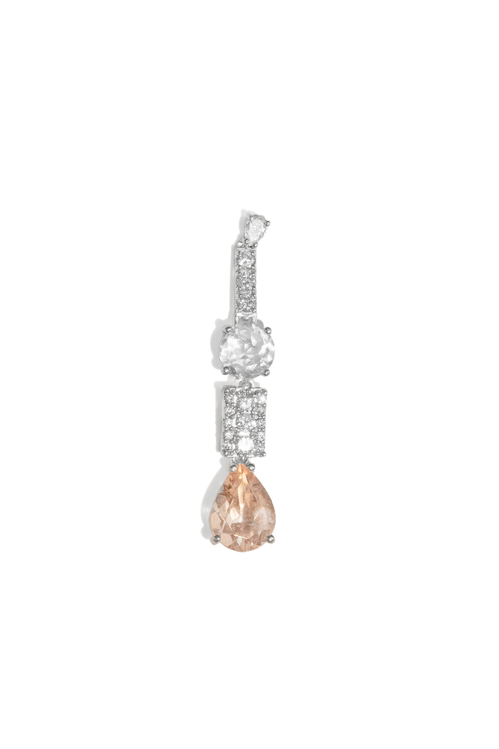 Long Wife Morganite Gold Earring in 18k white gold with diamonds, topaz and morganite, designed by Sansoeurs.