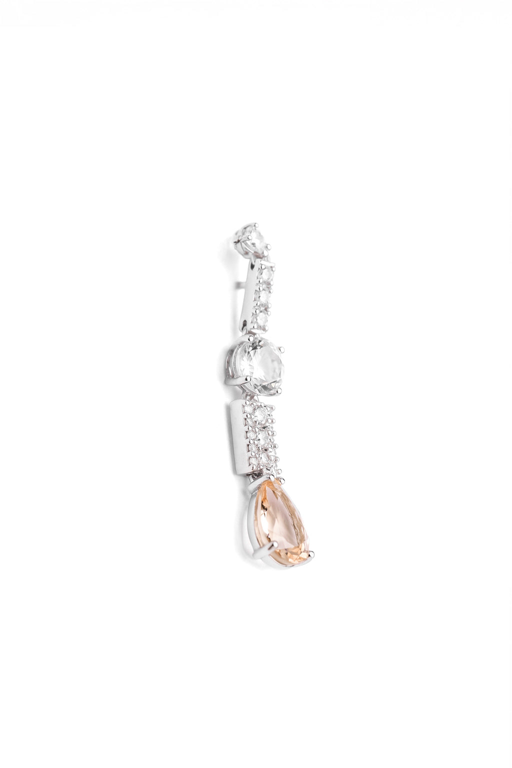 Long Wife Morganite Gold Earring in 18k white gold with diamonds, topaz and morganite, designed by Sansoeurs.