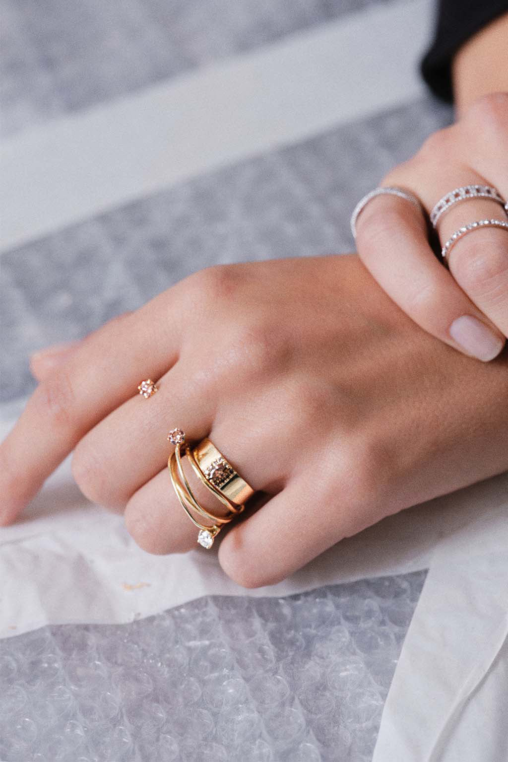 Double Miki Brown Diamonds Gold Ring in 18k yellow gold with brown diamonds, worn on model, designed by Sansoeurs.