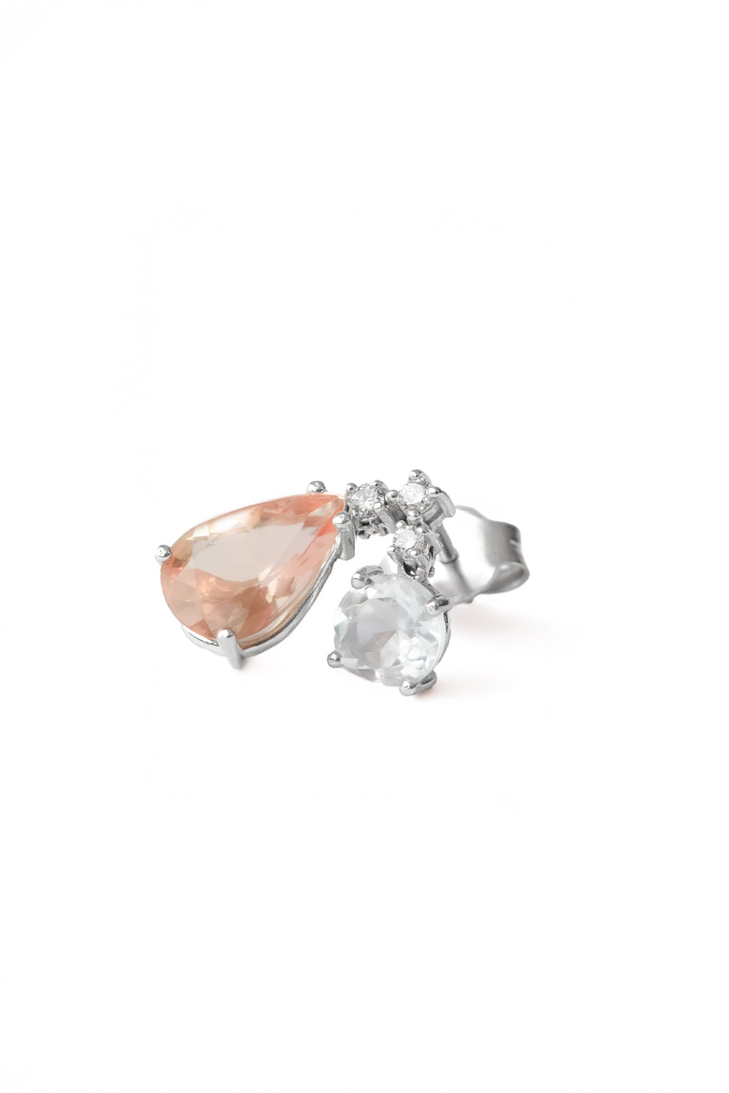 Mobile Topaz Morganite Earring in 18k white gold with diamonds, 5 mm topaz and 9×6 mm morganite, designed by Sansoeurs.