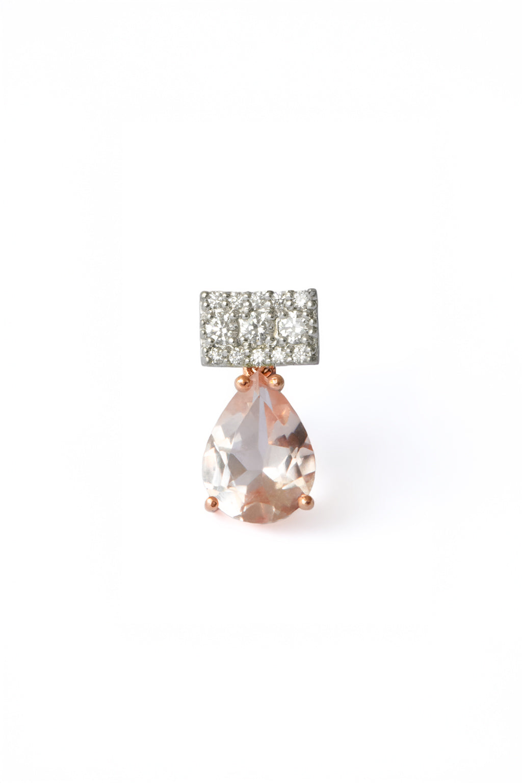 Pink Morganite Drop Earring in 18k white gold with diamonds and morganite 8×6 mm, designed by Sansoeurs.