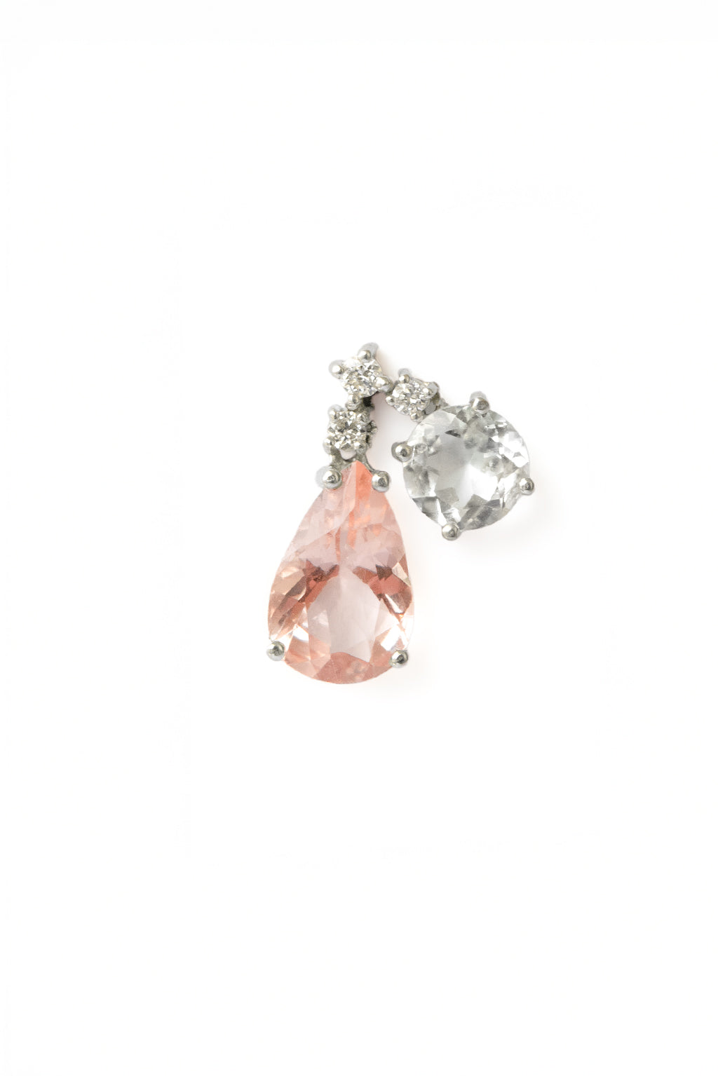 Pink Morganite Two Drops Earring in 18k white gold with diamonds, 5 mm topaz and 9×6 mm morganite, designed by Sansoeurs.