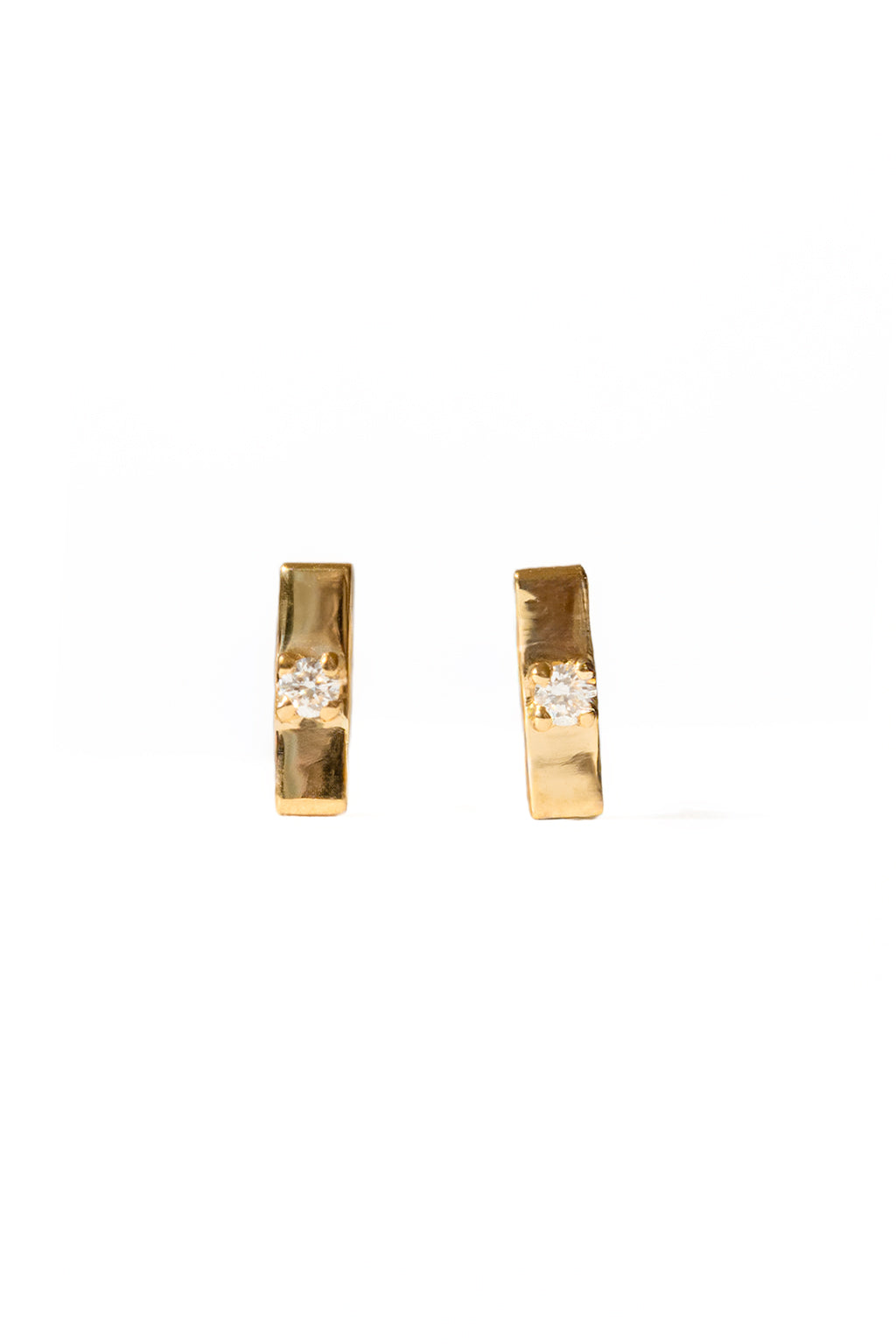 Plaque Tag gold and diamond baby earrings by Sansoeurs, tiny rectangular gold studs with a central diamond